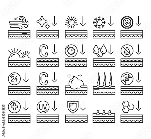 Effect on the skin black line icons set. Human skin layers. 