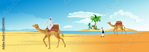 Caravan of nomad arabians on camels walking near the oasis in desert vector.