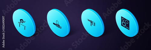 Set Isometric Gas stove, Rotary hammer drill machine, Chainsaw and Table for woodwork icon. Vector.