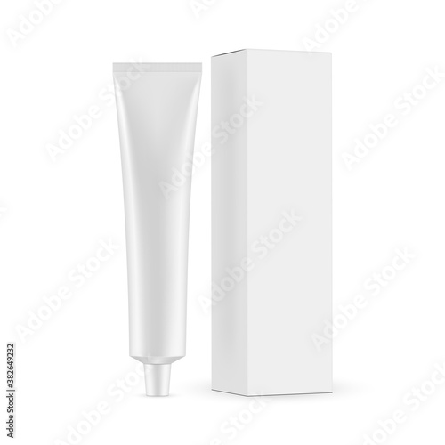 Metallic cosmetic tube, box mockup with side view, isolated on white background. Vector illustration