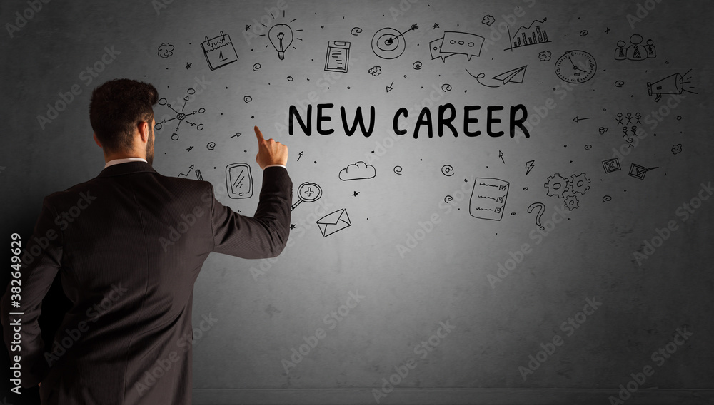businessman drawing a creative idea sketch with NEW CAREER inscription, business strategy concept businessman drawing a creative idea sketch with NEW CAREER inscription, business strategy concept