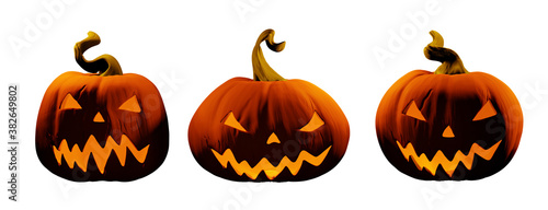 Three spooky Jack-o-lantern with flaming eye. Halloween realistic icons set of orange pumpkin heads with funny face, 3D render isolated on white background photo