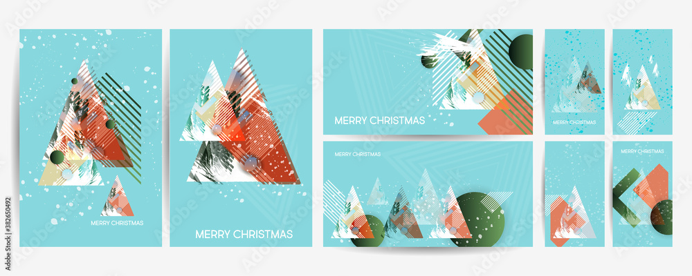 Invitation set White Snow New Year card design with stylized christmas ball and christmas. Vector illustration geometry