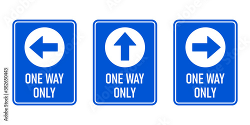 Set of One Way Only Vertical Warning Sign Poster Icon with Direction Arrow and Text. Vector Image. © Kagan Kaya
