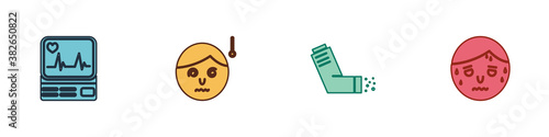 Set Monitor with cardiogram, High human body temperature, Inhaler and Man excessive sweating icon. Vector.