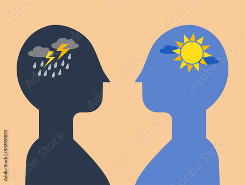 two human heads silhouette with brain mental health psycho therapy, bipolar concept, vector illustration