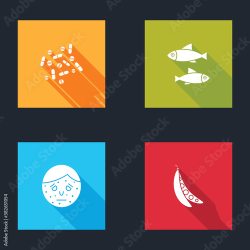 Set Medicine pill or tablet, Fish, Face with psoriasis eczema and Kidney beans icon. Vector.