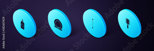 Set Isometric Hairbrush, Cotton swab for ears, Makeup powder with mirror and Spray can icon. Vector.