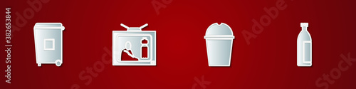 Set Trash can, Stop plastic pollution, Paper glass water and Lotion cosmetic tube icon. Vector.