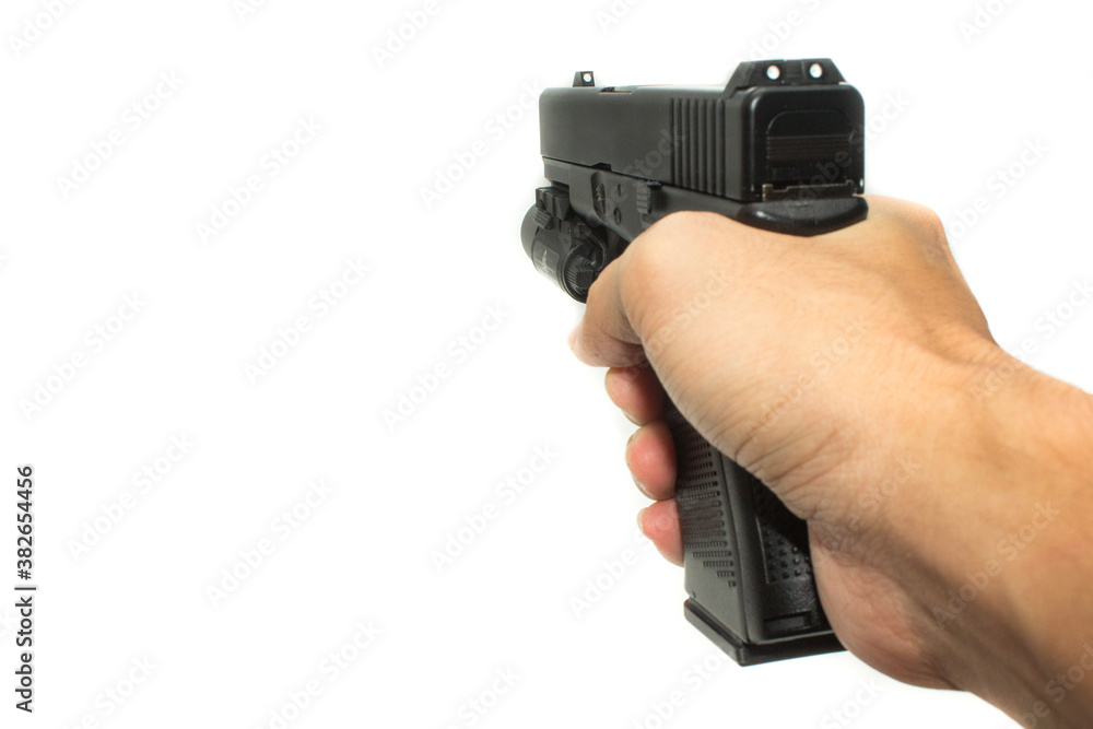 Shooter hand grab on G19 Gen 4th Semi-Auto Pistol attach flashlight, Shooting the 9 mm pistol cartridge. Shooter hand grab on G19 Gen 4th Semi-Auto Pistol attach flashlight, Shooting the 9 mm pistol cartridge.
