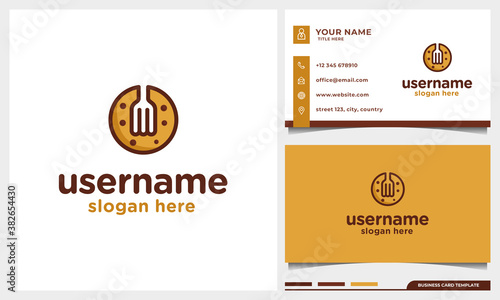 Cookies choco chip biscuit logo design with fork concept and business card template