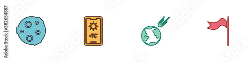 Set Moon, Weather forecast, Comet falling down fast and Meteorology windsock wind vane icon. Vector.