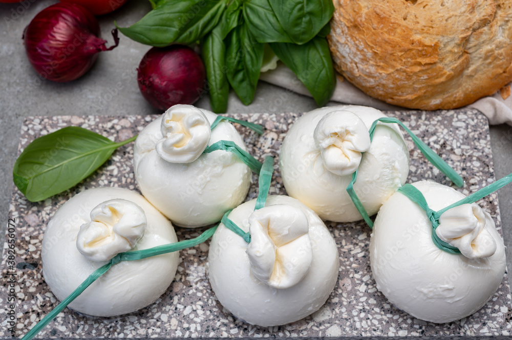 Cheese collection, fresh soft Italian cheese from Puglia, white balls of burrata or burratina cheese made from mozzarella and cream filling