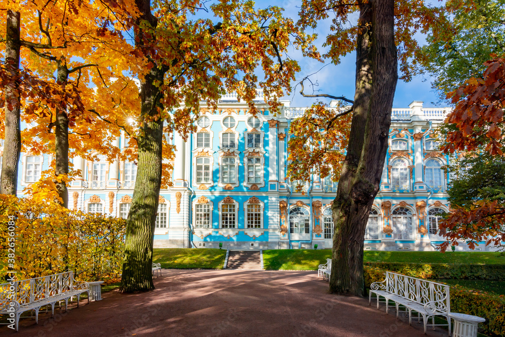 Catherine palace and park in autumn foliage, Tsarskoe Selo (Pushkin), Saint Petersburg, Russia