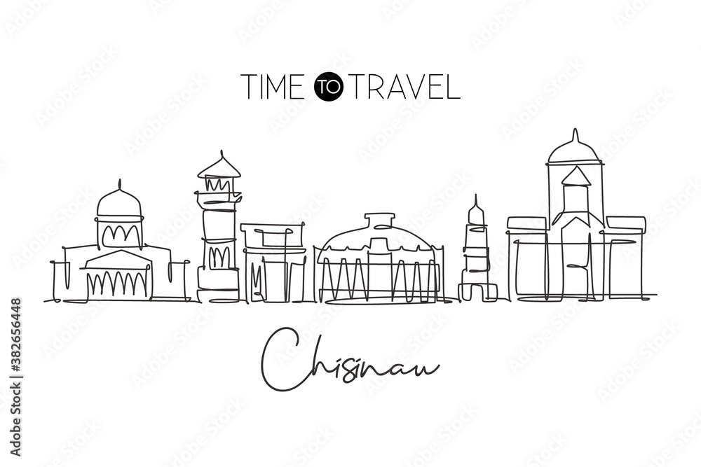 One single line drawing of Chisinau city skyline, Moldova. Historical town landscape in world. Best holiday destination poster. Editable stroke trendy continuous line draw design vector illustration