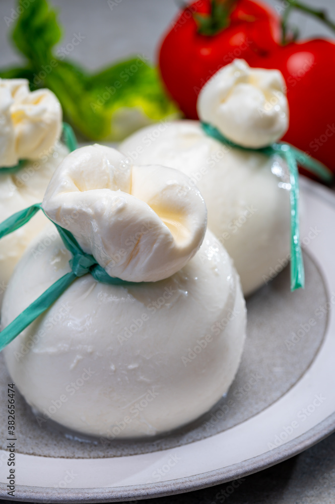 Cheese collection, fresh soft Italian cheese from Puglia, white balls of burrata or burratina cheese made from mozzarella and cream filling Cheese collection, fresh soft Italian cheese from Puglia, white balls of burrata or burratina cheese made from mozzarella and cream filling