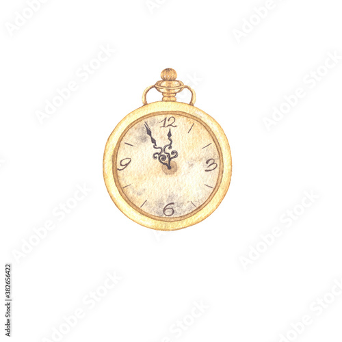 Watercolor Christmas illustration of vintage gold clock's with new year time. isolated on white background. 