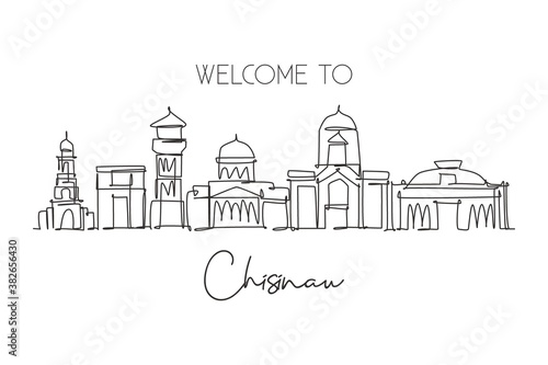 Single continuous line drawing of Chișinău city skyline, Moldova. Famous city scraper and landscape. World travel concept wall decor poster print art. Modern one line draw design vector illustration