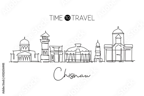One single line drawing of Chisinau city skyline, Moldova. Historical town landscape in world. Best holiday destination poster. Editable stroke trendy continuous line draw design vector illustration photo