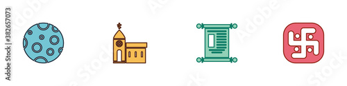 Set Moon, Church building, Decree, paper, parchment, scroll and Jainism icon Vector illustration