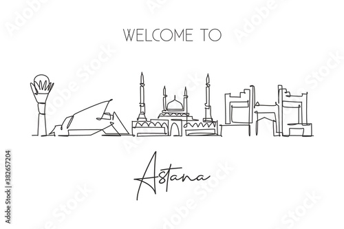 Single continuous line drawing of Nur Sultan  Astana city skyline  Kazakhstan. Famous city landscape. World travel concept home wall decor poster print. Modern one line draw design vector illustration