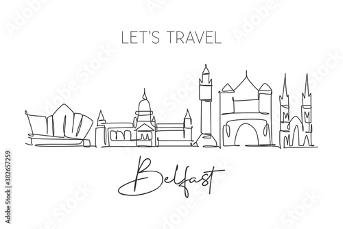 Single continuous line drawing of Belfast city skyline, Northern Ireland. Famous city landscape. World travel concept home wall decor poster print art. Modern one line draw design vector illustration