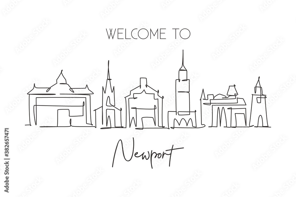 One single line drawing of Newport city skyline, Wales. Historical town landscape. Best holiday destination home wall decor poster print art. Trendy continuous line draw design vector illustration
