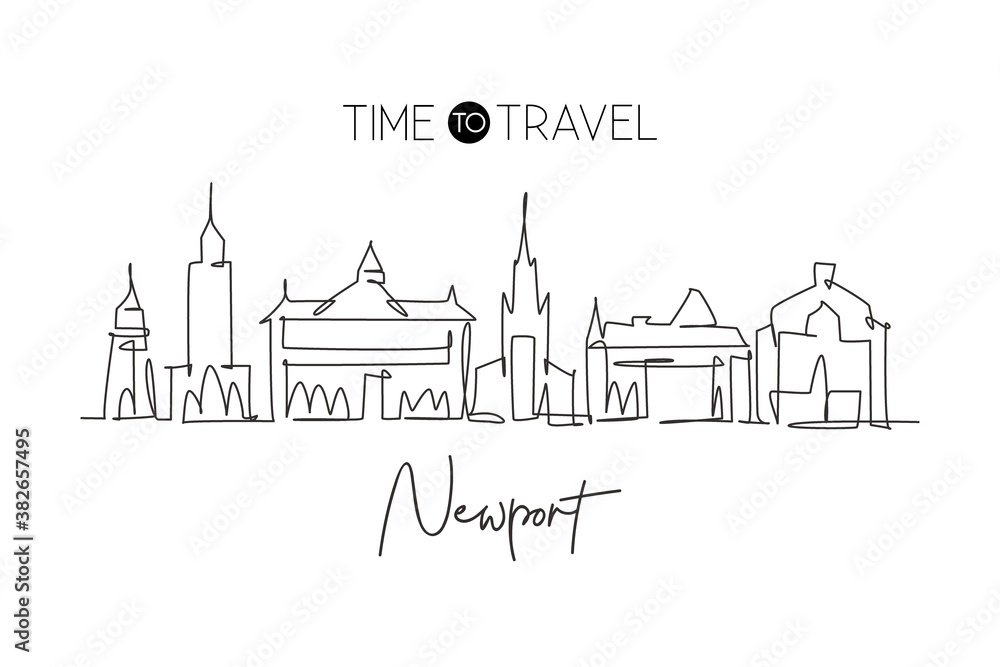 Single continuous line drawing of Newport city skyline, Wales. Famous city scraper and landscape in the world. World travel concept art. Editable stroke modern one line draw design vector illustration