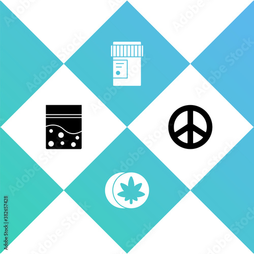 Set Plastic bag of cannabis, Herbal ecstasy tablets, Medical bottle with and Peace icon. Vector.