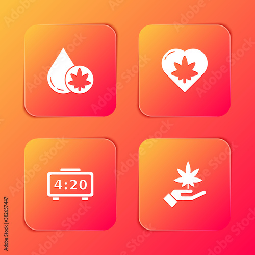 Set Marijuana or cannabis olive oil, leaf in heart, Digital alarm clock and icon. Vector.