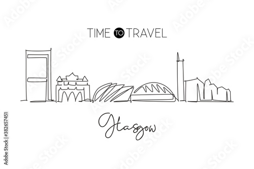 One single line drawing of Glasgow city skyline, Scotland. Historical town landscape in world. Best holiday destination poster wall decor print. Trendy continuous line draw design vector illustration