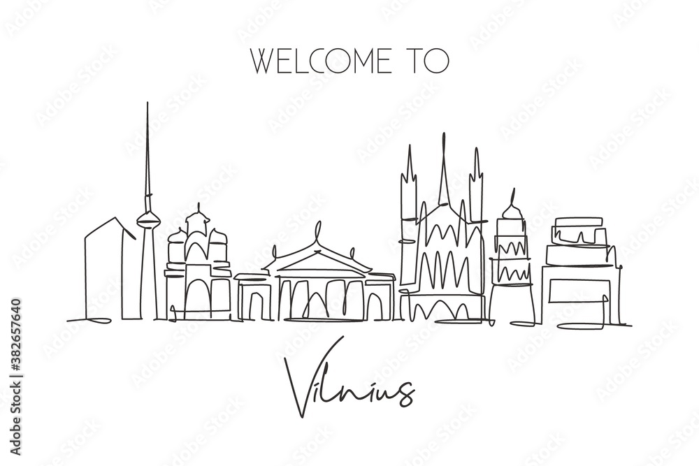 One single line drawing of Vilnius city skyline, Lithuania. Historical town landscape in world. Best holiday destination poster. Editable stroke trendy continuous line draw design vector illustration
