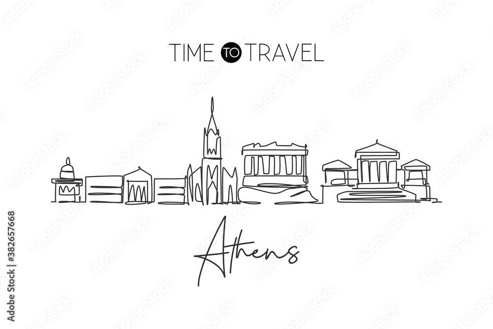 One continuous line drawing of Athens city skyline, Greece. Beautiful landmark. World landscape tourism travel vacation poster art. Editable stylish stroke single line draw design vector illustration