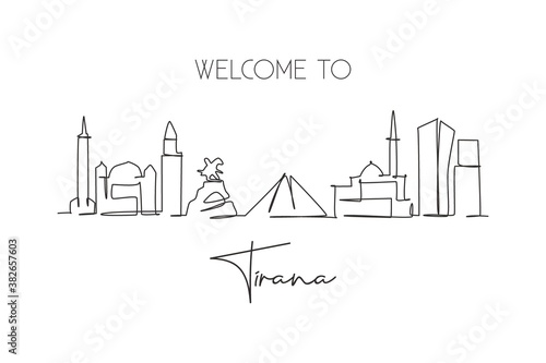 One continuous line drawing of Tirana city skyline, Albania. Beautiful landmark. World landscape tourism and travel vacation poster. Editable stylish stroke single line draw design vector illustration