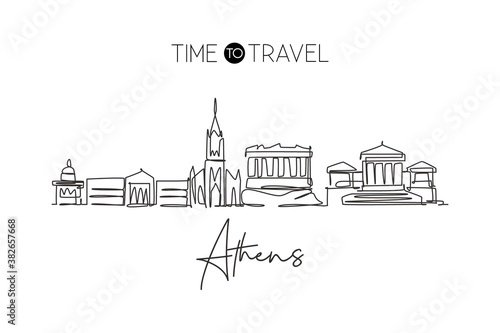 One continuous line drawing of Athens city skyline, Greece. Beautiful landmark. World landscape tourism travel vacation poster art. Editable stylish stroke single line draw design vector illustration