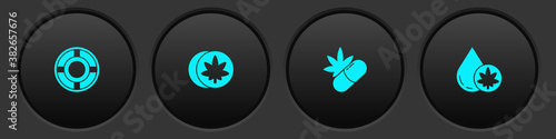 Set Ashtray, Herbal ecstasy tablets, Medical pills with marijuana and Marijuana or cannabis olive oil icon. Vector.