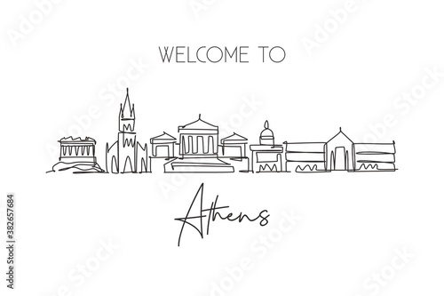 Single continuous line drawing of Athens city skyline, Greece. Famous city scraper landscape. World travel concept home wall decor poster print art. Modern one line draw design vector illustration