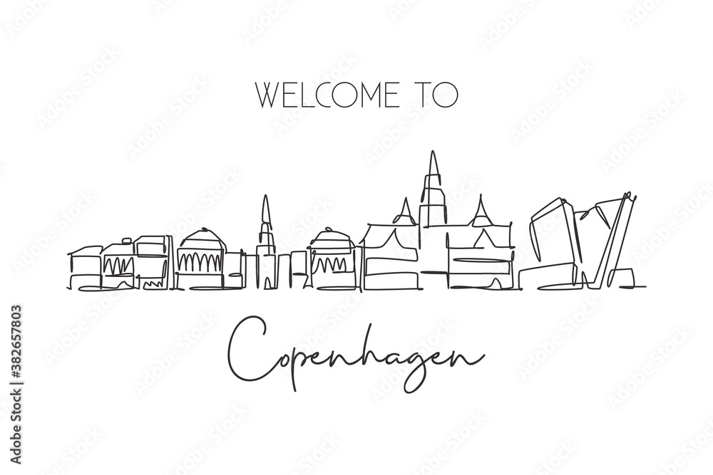 One single line drawing Copenhagen city skyline, Denmark. Historical town landscape in world. Best holiday destination wall decor poster print. Trendy continuous line draw design vector illustration