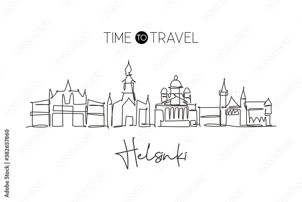 One continuous line drawing of Helsinki city skyline, Finland. Beautiful landmark. World landscape tourism travel vacation poster. Editable stylish stroke single line draw design vector illustration One continuous line drawing of Helsinki city skyline, Finland. Beautiful landmark. World landscape tourism travel vacation poster. Editable stylish stroke single line draw design vector illustration