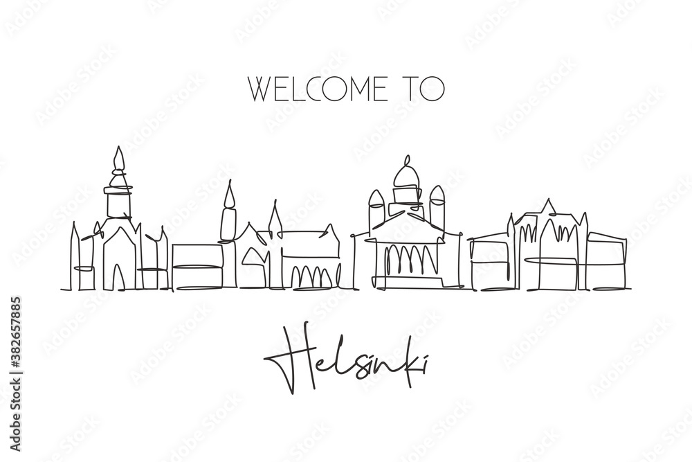 One single line drawing of Helsinki city skyline, Finland. Historical town landscape. Best holiday destination home wall decor poster print art. Trendy continuous line draw design vector illustration