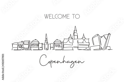 One single line drawing Copenhagen city skyline, Denmark. Historical town landscape in world. Best holiday destination wall decor poster print. Trendy continuous line draw design vector illustration