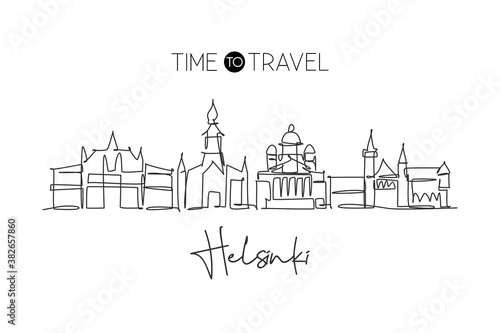One continuous line drawing of Helsinki city skyline, Finland. Beautiful landmark. World landscape tourism travel vacation poster. Editable stylish stroke single line draw design vector illustration
