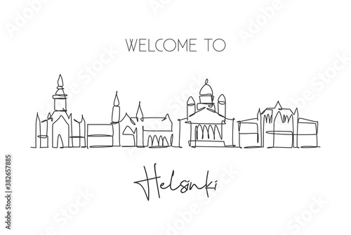 One single line drawing of Helsinki city skyline, Finland. Historical town landscape. Best holiday destination home wall decor poster print art. Trendy continuous line draw design vector illustration