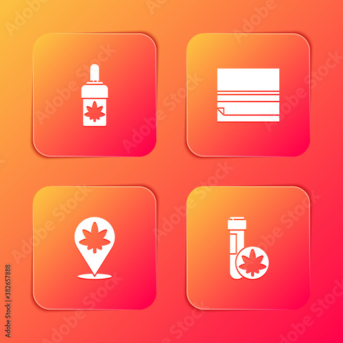 Set Marijuana or cannabis olive oil, Rolling paper, Location and marijuana and Chemical test tube with icon. Vector.