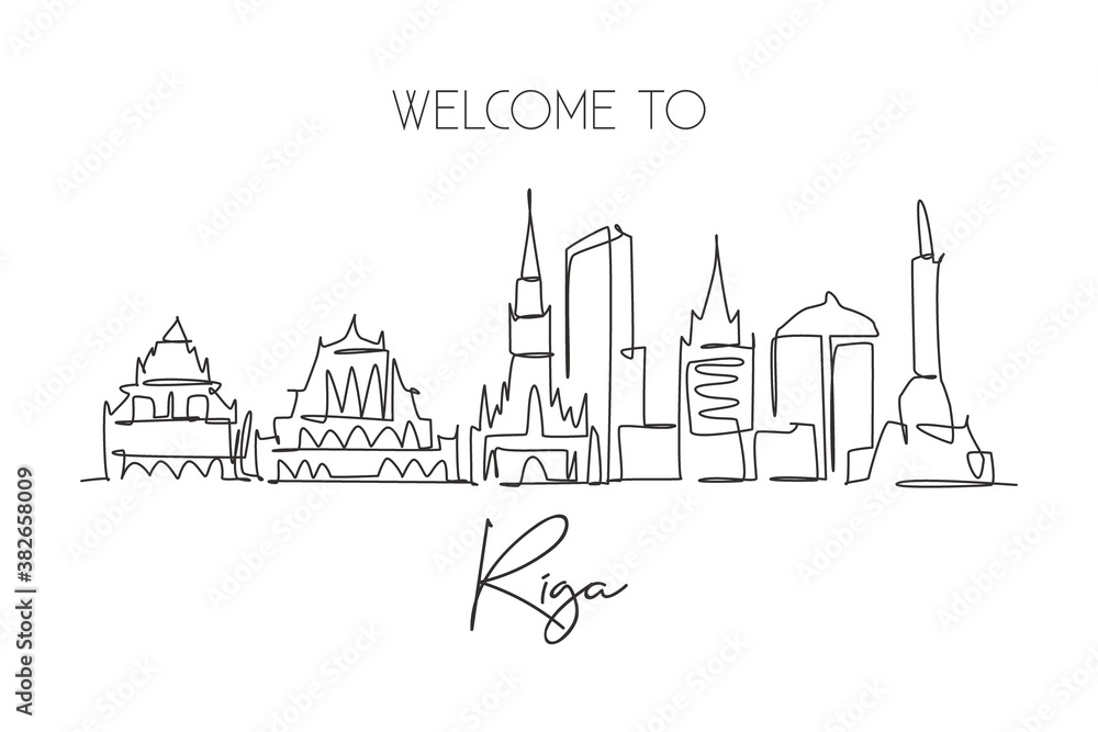One single line drawing of Riga city skyline, Latvia. Historical town landscape in world. Best holiday destination poster print. Editable stroke trendy continuous line draw design vector illustration