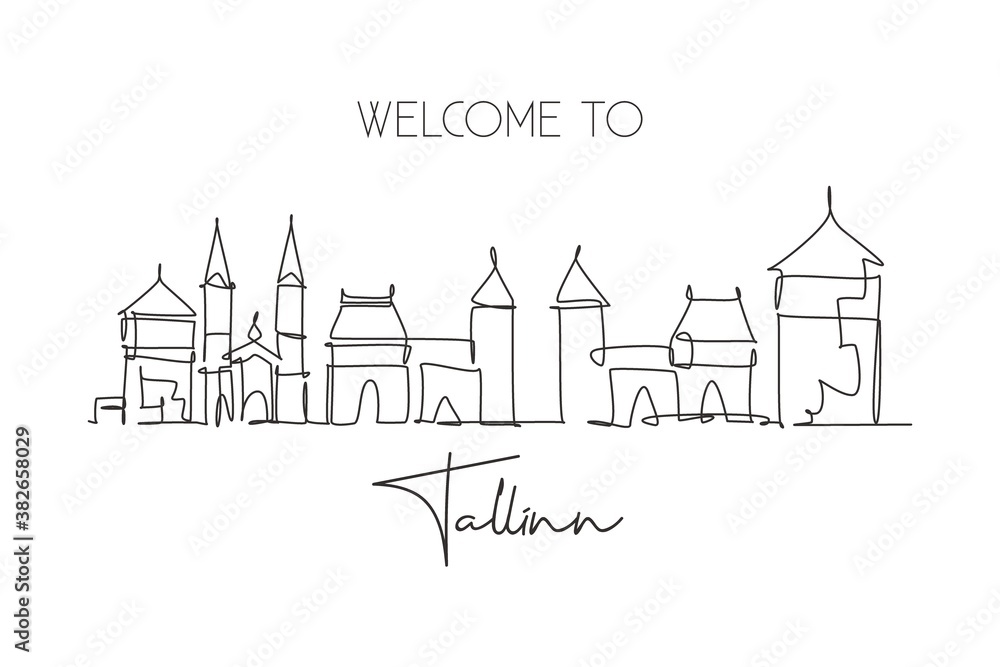 One single line drawing of Tallinn city skyline, Estonia. Historical town landscape in world. Best holiday destination poster. Editable stroke trendy continuous line draw design vector illustration