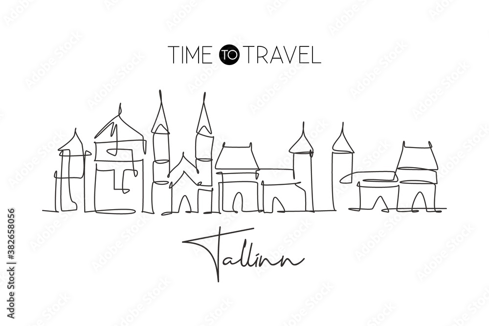 One continuous line drawing of Tallinn city skyline, Estonia. Beautiful landmark. World landscape tourism travel home wall decor poster print art. Stylish single line draw design vector illustration
