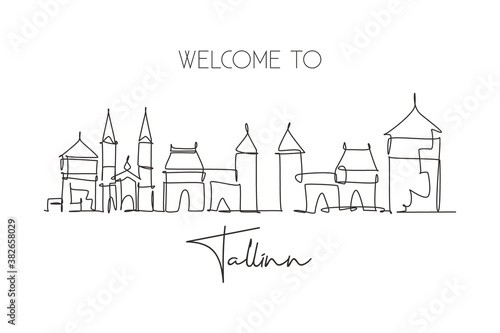 One single line drawing of Tallinn city skyline, Estonia. Historical town landscape in world. Best holiday destination poster. Editable stroke trendy continuous line draw design vector illustration