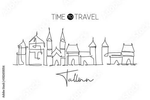 One continuous line drawing of Tallinn city skyline, Estonia. Beautiful landmark. World landscape tourism travel home wall decor poster print art. Stylish single line draw design vector illustration
