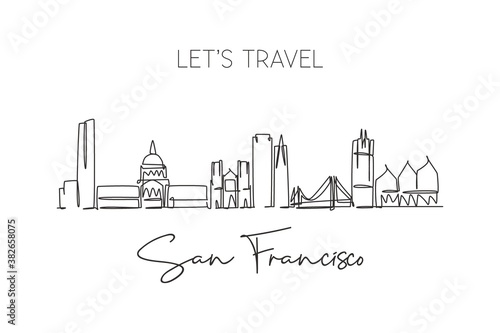 One single line drawing of San Francisco city skyline, USA. Historical town landscape in the world. Best holiday destination poster wall decor. Trendy continuous line draw design vector illustration